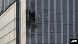 Šteta koja je nastala na zgradi Moskovskog međunarodnog poslovnog centra (Moskva City) nakon napada dronom u Moskvi, 23. august 2023.