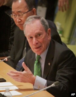 United Nations Secretary-General Ban Ki-moon, left, listens as former New York mayor Michael Bloomberg speaks during the biennial Investor Summit on Climate Risk on Jan. 27, 2016, at U.N. headquarters.