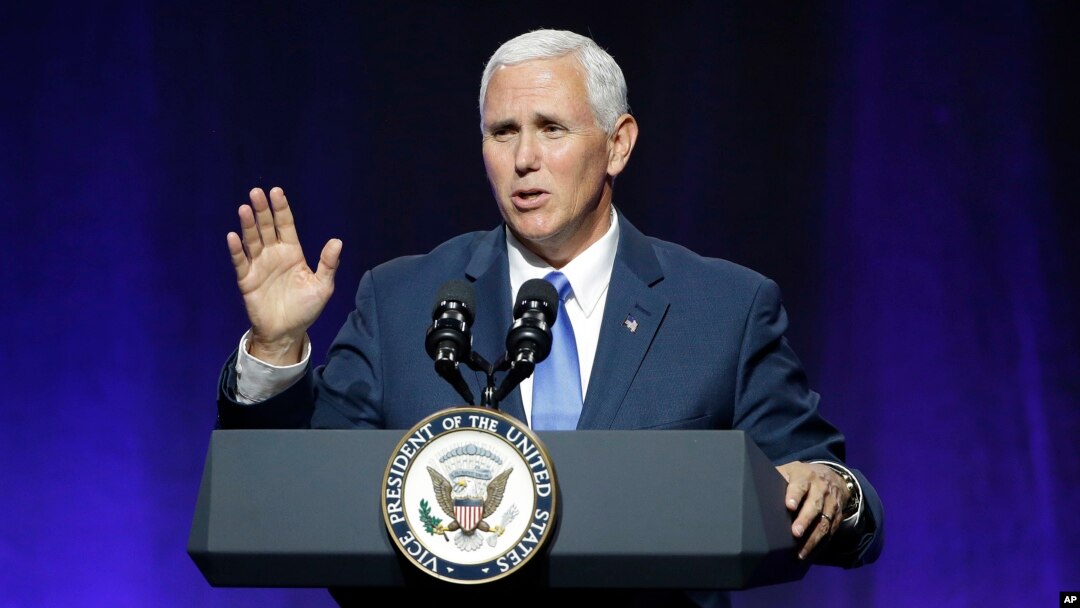 FILE - Vice President Mike Pence wraps up an address to a NGA session titled "Collaborating to Create Tomorrow's Global Economy," July 14, 2017, in Providence, R.I.