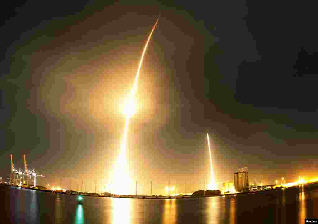 The SpaceX Falcon 9 lifts off (L) from its launch pad and then returning to a landing zone (R) at the Cape Canaveral Air Force Station in Cape Canaveral, Florida, Dec. 21, 2015.