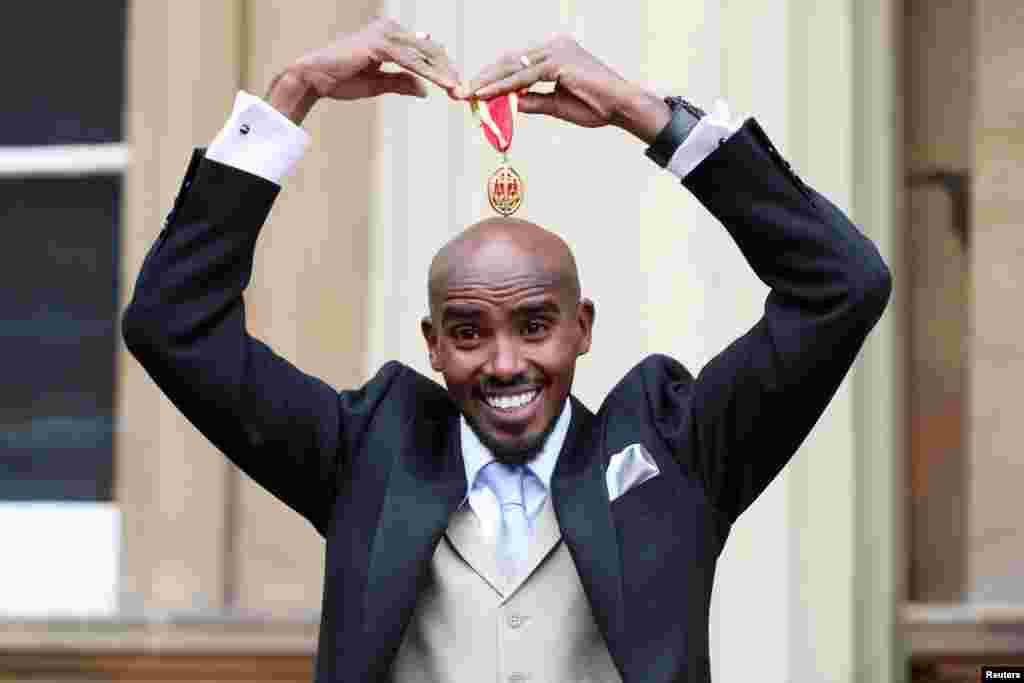 British distance runner Mo Farah received his knighthood from Queen Elizabeth at Buckingham Palace, London.