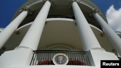 The Truman Balcony and Presidential seal. Washington, U.S., October 3, 2016. 