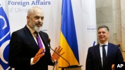 OSCE Chairperson in Office, Albania's Prime Minister Edi Rama, left, and Ukrainian Foreign Minister Vadym Prystayko speak at a news conference in Kyiv, Ukraine, Jan. 20, 2020.