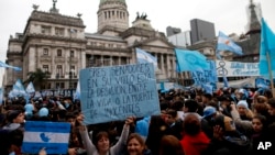 Demonstrators against the decriminalization of abortion gather outside Congress in Buenos Aires, Argentina, Aug. 8, 2018. 