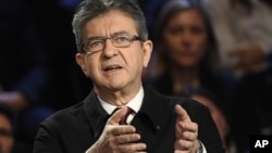 Far-left presidential candidate for the presidential election Jean-Luc Melenchon gained support in opinion polls after a debate at French private TV channels BFM TV and CNews, in La Plaine-Saint-Denis, outside Paris, April 4, 2017. 