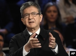 FILE - Jean-Luc Melenchon attends a television debate at French private TV channels BFM TV and CNews, in La Plaine-Saint-Denis, outside Paris, April 4, 2017.