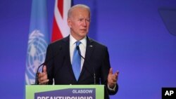 U.S. President Joe Biden speaks at the COP26 Summit, in Glasgow, Scotland, Nov. 2, 2021.