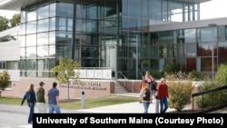 Students walk on campus at the University of Southern Maine