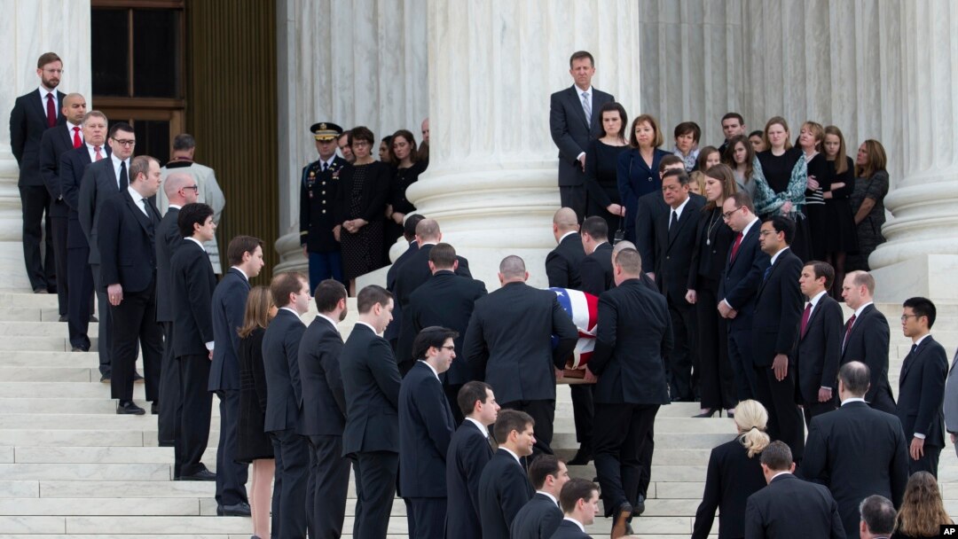 The casket of Supreme Court Justice Antonin Scalia