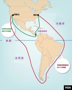 巴拿马运河所处地理位置的示意图。