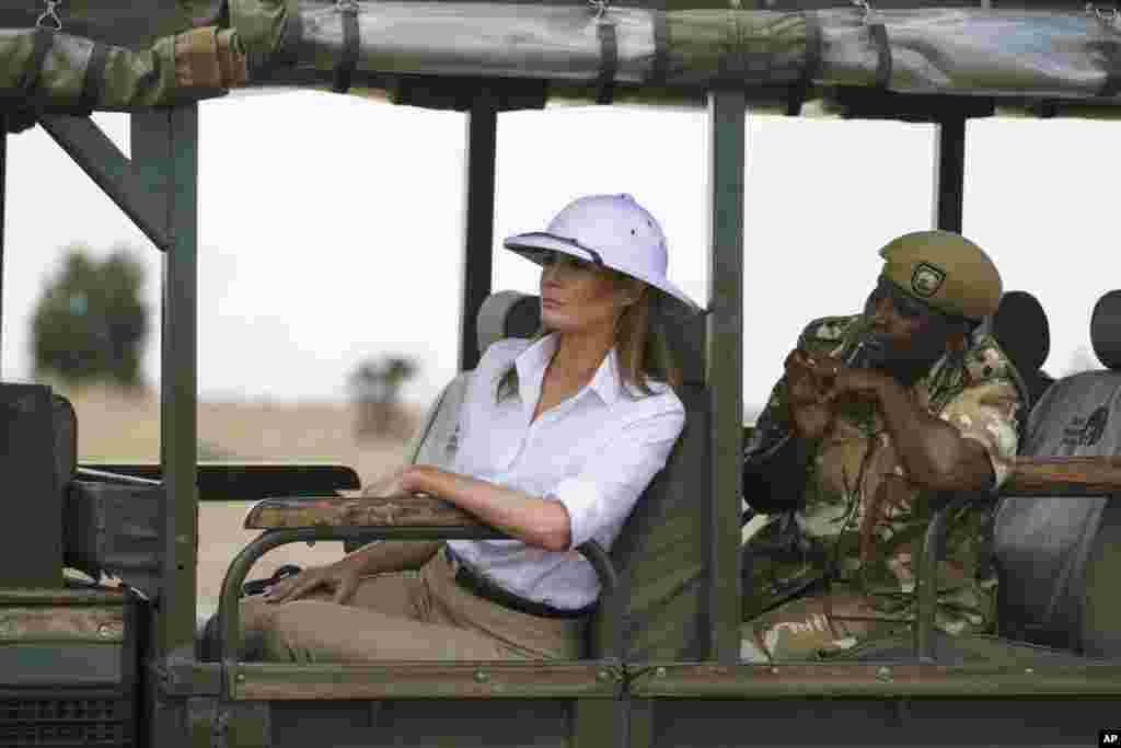 First lady Melania Trump looks out over Nairobi National Park in Nairobi, Kenya, Oct. 5, 2018, during a safari guided by Nelly Palmeris.
