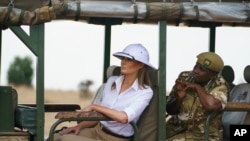 FILE — First lady Melania Trump looks out over Nairobi National Park in Nairobi, Kenya, Oct. 5, 2018, during a safari guided by Nelly Palmeris.