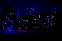 Holiday lights depicting geese shine at the Cumberland Fair Grounds, Tuesday, Dec. 14, 2021, in Cumberland, Maine. (AP Photo/Robert F. Bukaty)