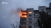 This handout photograph taken and released by the Ukrainian State Emergency Service on Nov. 2, 2024, shows a multistory residential building burning as a result of fragments of a downed Russian drone fall.