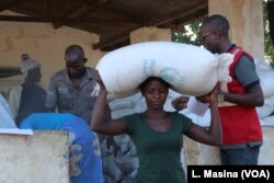 Flood survivors receiving donation of maize from world Food program in flood hit Chikwawa distrcit, Malawi.