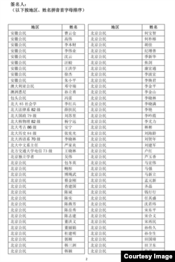 中国公民就雷洋案发出公开信的部分签名 （网络截图）