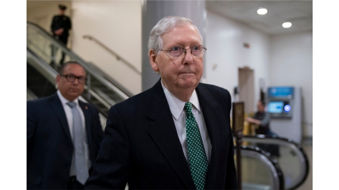 Senate Majority Leader Mitch McConnell, R-Ky., heads to a briefing with Secretary of State Mike Pompeo, Defense Secretary Mark Esper and other national security officials.