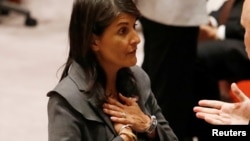 U.S. Ambassador to the United Nations Nikki Haley speaks before a Security Council vote on an Arab-backed resolution for protection of Palestinian civilians during a Security Council meeting at U.N. headquarters in New York, June 1, 2018. 
