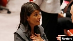 U.S. Ambassador to the United Nations Nikki Haley speaks before a Security Council vote on an Arab-backed resolution for protection of Palestinian civilians during a Security Council meeting at U.N. headquarters in New York, June 1, 2018. 