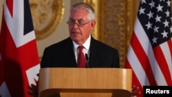 U.S. Secretary of State Rex Tillerson speaks during a news conference at Lancaster house in London, Britain, Sept. 14, 2017. 