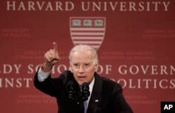 FILE - Vice President Joe Biden speaks to students, faculty and staff at Harvard University's Kennedy School of Government in Cambridge, Mass., Oct. 2, 2014.