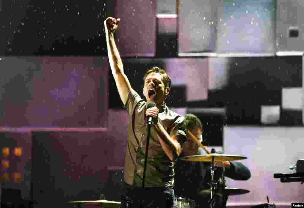 Nate Ruess, lead singer of Fun, performs at the 55th annual Grammy Awards in Los Angeles, California, Feb. 10, 2013.