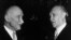 FILE - French Foreign Minister Robert Schuman, left, and German Chancellor Konrad Adenauer chat during the reception that followed the signing of the treaty establishing the European Defense Community (Treaty of Paris) in Paris, May 27, 1952.