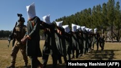 Afghan security forces escort suspected Taliban fighters as they are being presented in front of the media after an operation at the National Directorate of Security (NDS) headquarters in Herat, February 2, 2021.