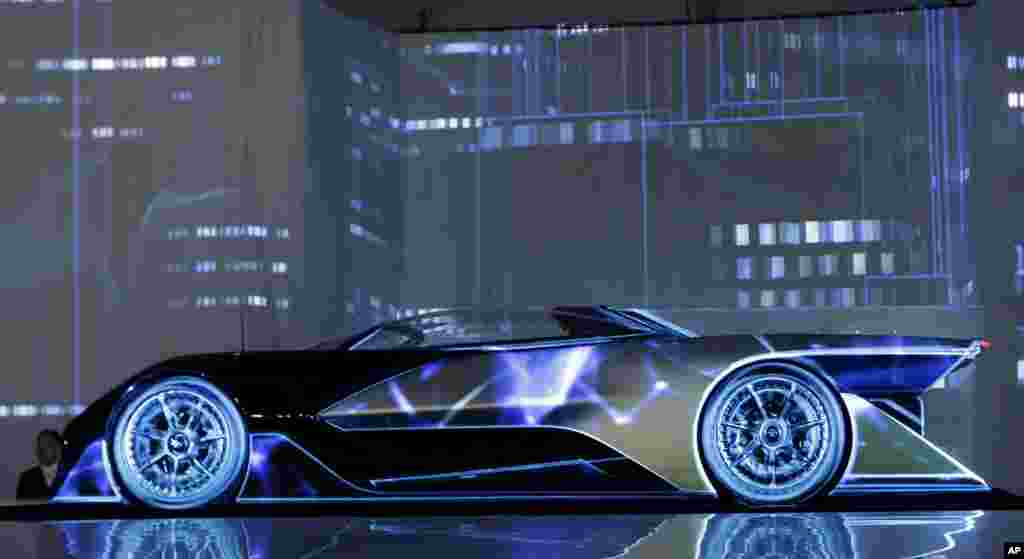 The FFZero1 by Faraday Future is displayed at CES Unveiled, a media preview event for CES International Monday, Jan. 4, 2016, in Las Vegas. The high performance electric concept car was unveiled during a news conference by Faraday Future. 