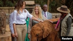 U.S. first lady Melania Trump pets a baby elephant, accompanied by CEO Angela Sheldrick and Kenya's first lady Margaret Kenyatta, right, at the David Sheldrick Wildlife Trust Elephant Orphanage in Nairobi, Kenya, Oct. 5, 2018.