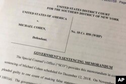 A portion of a court filing by prosecutors from the special counsel's office released Friday, Dec. 7, 2018, laid out for the first time details of Cohen's cooperation with investigators and took positions on the punishment he should face.
