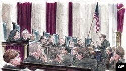 In this courtroom illustration, U.S. Solicitor General Donald Verrilli (R) speaks at the lectern to members of the U.S. Supreme Court in Washington, March 27, 2012