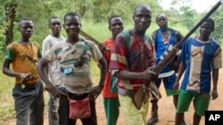 FILE - Fighters from a Christian militia movement known as the "anti-balaka" display their makeshift weaponry in the village of Boubou, halfway between the towns of Bossangoa and Bouca, in the Central African Republic.