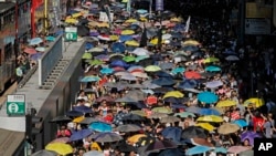 Thousands of protesters raise umbrellas during a rally to support young activists Joshua Wong, Nathan Law and Alex Chow in downtown Hong Kong, Aug. 20, 2017.