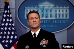 FILE - White House physician Ronny Jackson answers questions about U.S. President Donald Trump's health after the president's annual physical during the daily briefing at the White House in Washington, Jan. 16, 2018.