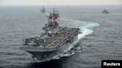 FILE - The amphibious assault ship USS Boxer transits the East Sea during an exercise.