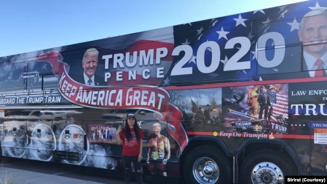 Sirirat, a 42-year-old Thai woman who supports President Donald Trump's candidacy, participates in Trump Train 2020 Campaign Tour in Scottsdale, Arizona on October 3, 2020