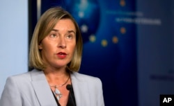 FILE - European Union foreign policy chief Federica Mogherini speaks during a media conference in Brussels, Jan. 11, 2018.