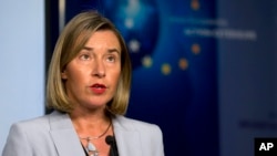 FILE: European Union foreign policy chief Federica Mogherini speaks during a media conference in Brussels, Jan. 11, 2018.