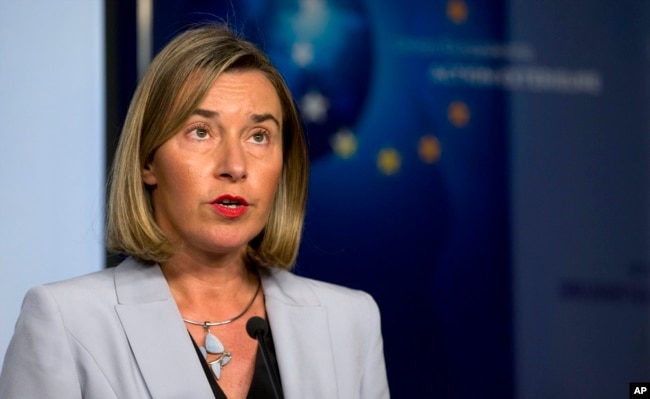 European Union foreign policy chief Federica Mogherini speaks during a media conference after a meeting of the EU3 and Iran at EEAS headquarters in Brussels, Jan. 11, 2018.