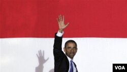 Presiden Barack Obama di Universitas Indonesia, Depok setelah menyampaikan pidatonya. Dalam pidato Presiden menyatakan kesulitan perjuangan perdamaian Israel Palestina dan berjanji akan terus membantu usaha mencapai perdamaian di Timur Tengah.