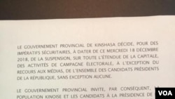 Le communiqué de la suspension de la campagne a été signé par le gouverneur de Kinshasa.