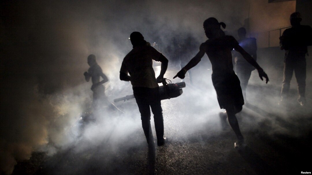 FILE - A worker of the Ministry of Public Health and Population fumigates in the street against mosquito breeding to prevent diseases such as malaria, dengue and Zika in Port-au-Prince, Haiti, Feb. 15, 2016.