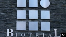 A logo of the Biotrial laboratory is displayed on its building in Rennes, western France, Jan. 15, 2016. 