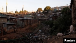 FILE - Rubbish and refuse litter a stream bed in a shanty neighborhood in Kibera slum within Nairobi, Kenya, Feb. 28, 2019. 