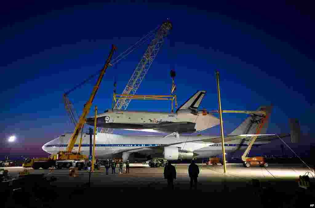 Enterprise on top of the NASA 747 Shuttle Carrier Aircraft at Washington Dulles International Airport in Sterling, Virginia, April 20, 2012 (NASA/Bill Ingalls)