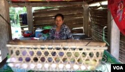 Ouk Sokha, 58, rocks her 11th grandson, who is two-and-a-half months old. She feeds her grandson baby formula while his mom works at a factory, at Svay Ta Yean commune, Svay Rieng province, Cambodia, Oct. 11, 2019. (Khan Sokummono/VOA Khmer)