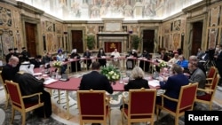 Pope Francis and other religious leaders attend the Global Compact on Education meeting on UNESCO’s World Teachers' Day at the Vatican, Oct. 5, 2021. 