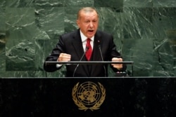 Turkey's President Recep Tayyip Erdogan addresses the 74th session of the United Nations General Assembly, Sept. 24, 2019.