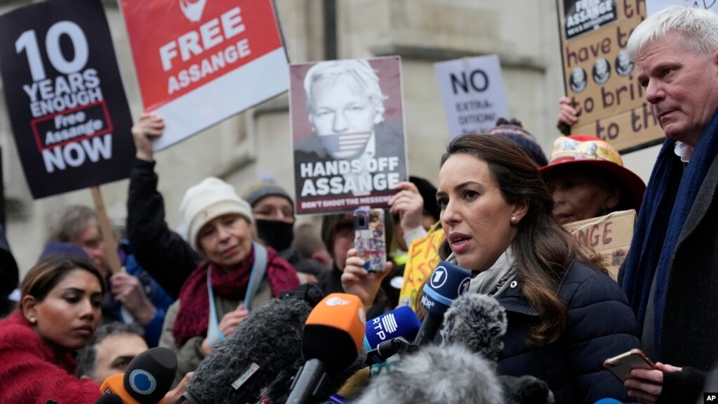 Julian Assange's fiancee, Stella Moris, speaks outside the High Court, in London, Britain, Jan. 24, 2022. 